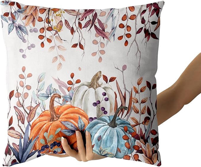 Giwawa Fall Pillow Covers Set of 2 16x16 Inch Orange Blue White Pumpkins Autumn Leaves Thanksgiving Cushion Covers Farmhouse Decorative Square Double Sided Throw Pillowcases for Indoor Outdoor Holiday