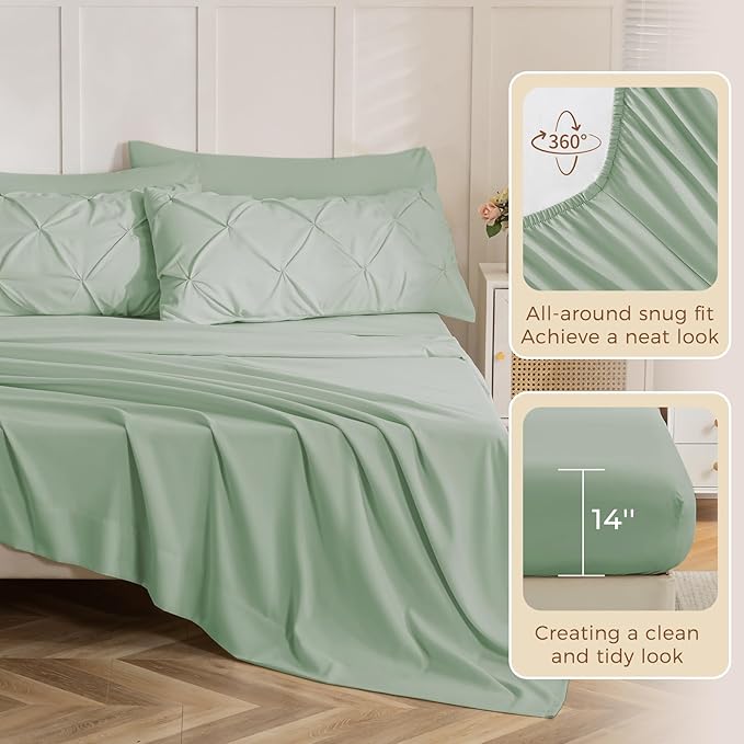 Sasttie King Size Comforter Set, 7-Piece Bed in a Bag, Pintuck Bedding Sets for All Season, Includes Comforter, Flat Sheet, Fitted Sheet, Pillowcases and Pillowshams, Sage