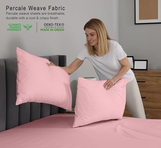 RUVANTI 100% Cotton Twin Sheets Set, 3 Pieces, Soft & Breathable Percale Weave Bedding, Deep Pocket 16", Hotel Standard, Crisp Cool Feel, Durable, Perfect Dyed Bed Sheet, Bridal Rose
