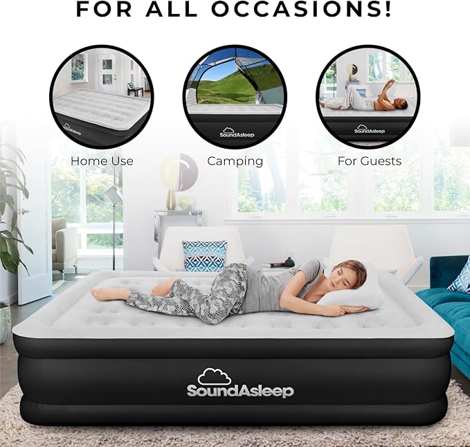 SoundAsleep Dream Series Luxury Air Mattress with ComfortCoil Technology & Built-in High Capacity Pump for Home & Camping- Double Height, Adjustable, Inflatable Blow Up, Portable - Queen Size