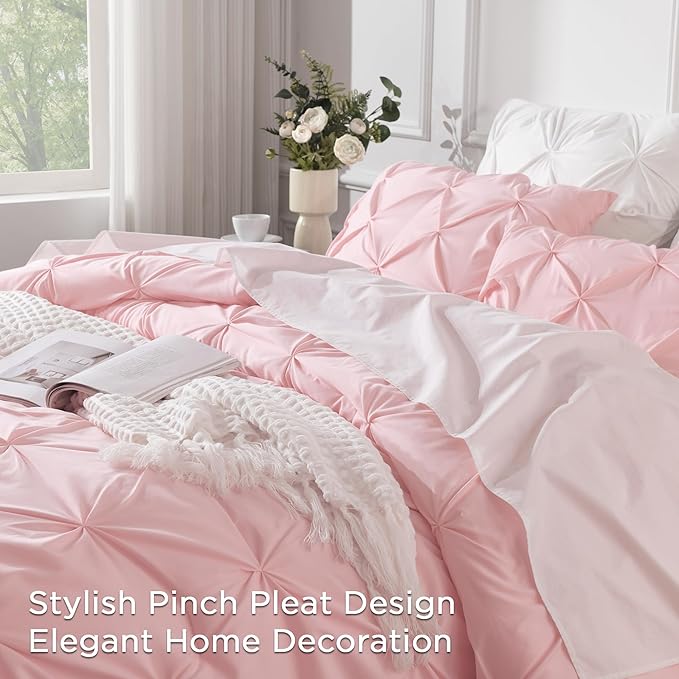 Andency Pink Comforter Set King(104x90Inch), 3 Pieces Soft Lightweight Cute Pinch Pleat Bedding Comforters & Sets, All Season Western Warm Down Alternative Bed Set for Girls Women