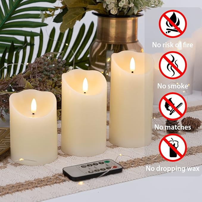 Flameless Candles with Remote, Battery Operated Real Wax LED Flickering Candles with Timer, Fake Electric Candles for Christmas Party Room Home Decor, Set of 3 (Ivory)
