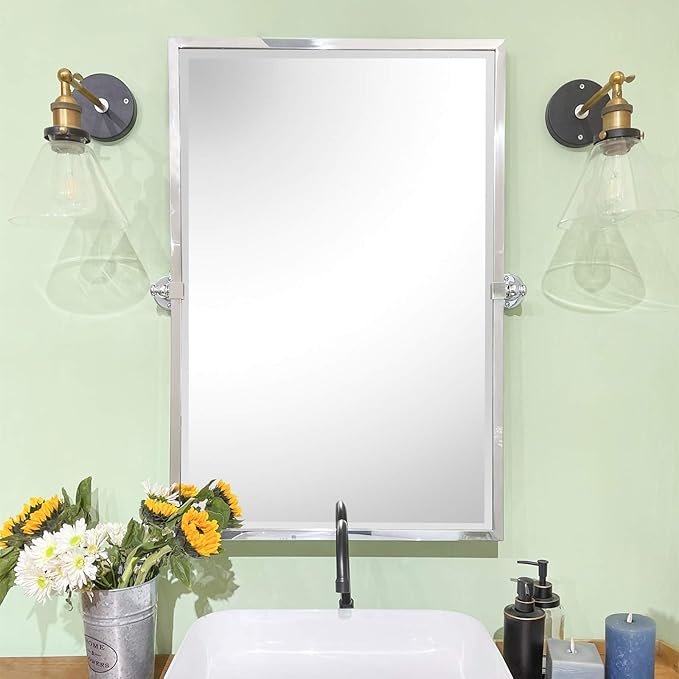 TEHOME Chrome Pivot Mirror Tilt Bathroom Mirror in Polished Nickel Tilting Beveled Vanity Mirrors in Chrome, 28.5x36''