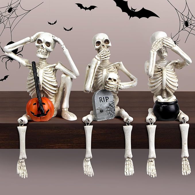 Halloween Skeleton Stalue Set of 3, Gothic Decoration of Skull with Pumpkinand Tombstone, See Speak Hear No Evil Statues Home Decor
