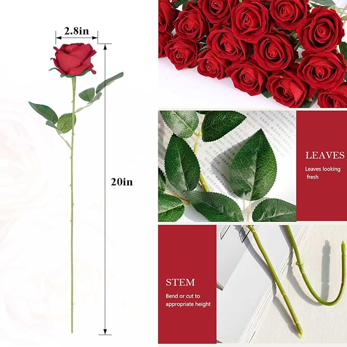 60 Pcs Artificial Roses Bulk Velvet Silk Red Rose Burgundy Roses for Wedding Centerpieces Bridal Bouquet Mohter's Day Valentine's Day Christmas Home Decor (60, Burgundy)