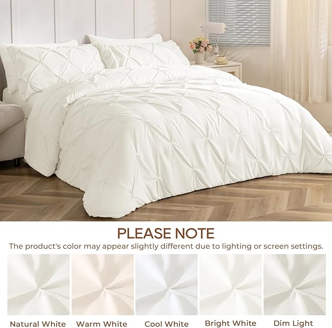 Sasttie Twin Comforter Set, 5-Piece Bed in a Bag, Pintuck Bedding Sets for All Season, Includes Comforter, Flat Sheet, Fitted Sheet, Pillowcase and Pillowsham, Ivory