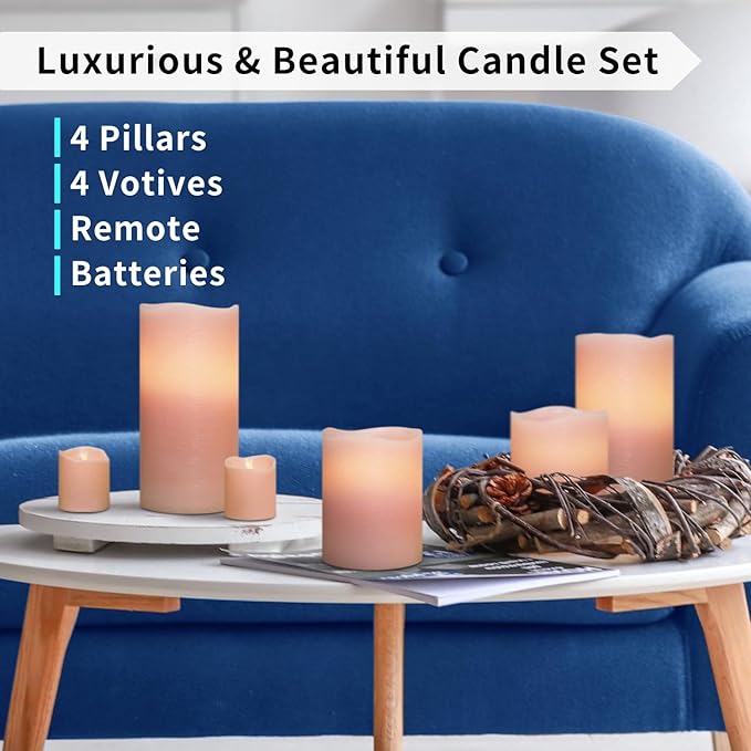 FURORA LIGHTING Pink Real Wax Flameless Candles with Remote and Timer, 4 Pillars and 4 Votives Pack of 8, LED Flickering Candles for Home Décor, Battery Included