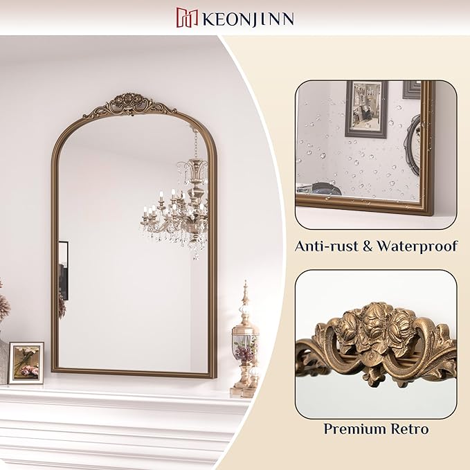 Keonjinn Vintage Mirror Gold 24" x 36", Arched Decorative Mirrors for Wall Decor, Antique Mirrors Bathroom, Ornate Baroque Brass Mirror for Mantle, Entryway, Living Room, French Cleat Mounting