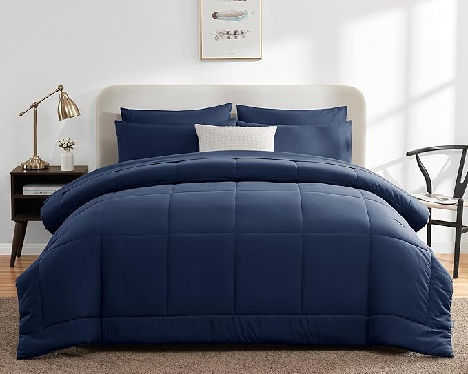 CozyLux Queen Comforter Set Navy Blue, 7 Pieces Bed in a Bag, Blue Comforter Queen Size, All Season Bedding Sets with Stitch Quilted Comforter, Flat Sheet, Fitted Sheet, Pillowcases