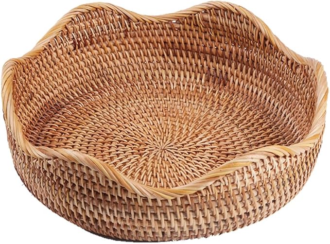 Handmade Rattan Round Fruit Basket Food Storage Bowls Kitchen Organizer Snack Serving Bowl Wavy Edge Circle Tray Basket, Boho Home Décor Display Tray for Table, Dining Room (Medium 10.2")