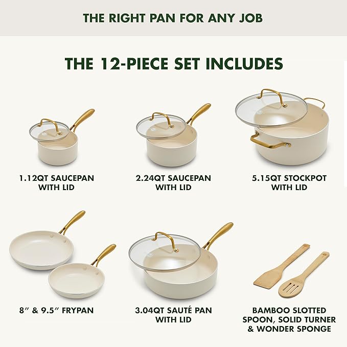 GreenPan 12 Piece Nonstick Swift Cookware Set, Ceramic PFAS-Free Pots & Pans with Lids, Dishwasher & Oven/Broiler Safe to 600F, Kitchen Cooking Set, Sauce, Saute, Stock, Frying Pans, Cream