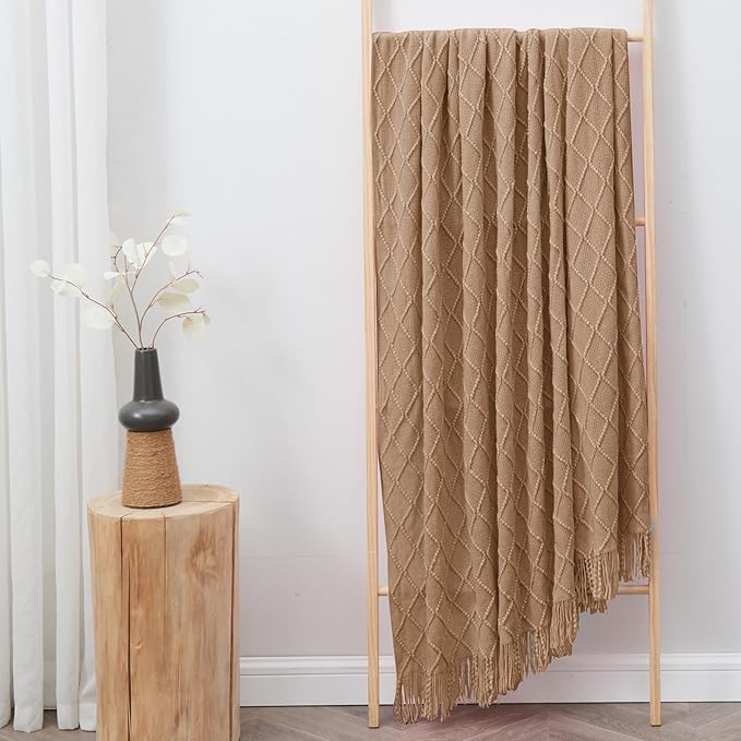inhand Knitted Throw Blankets for Couch and Bed, Soft Cozy Knit Blanket with Tassel, Khaki Lightweight Decorative Blankets and Throws, Farmhouse Warm Woven Blanket for Men and Women, 60"x80"