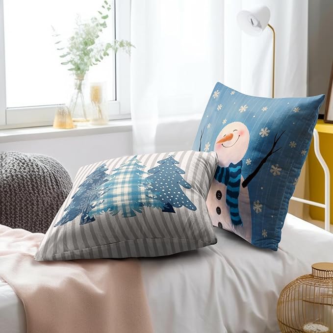 Winter Snowman Throw Pillow Covers - Buffalo Plaid Trees Pillow Covers 16x16 Set of 2 Snowflake Pillowcases Ice Crystal Snow Cushion Covers for Home Sofa Bed