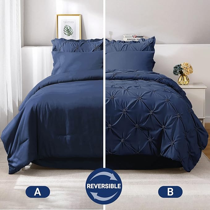 JOLLYVOGUE Queen Comforter Set 7 Pieces, Navy Blue Bed in a Bag Comforter Set for Bedroom, Bedding Comforter Sets with Comforter, Sheets,Ruffled Shams & Pillowcases