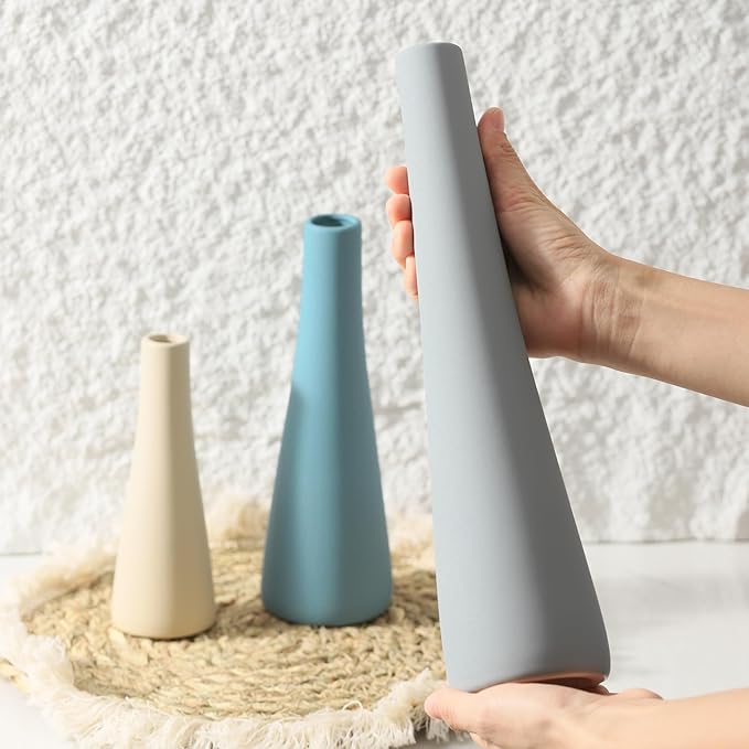 Ceramic Vase Set of 3, Modern Farmhouse Vases Neutral Pottery Vase Pampas Grass Flower Vases for Home Decoration Room Decor Table Living Room Centerpieces Mantel Decor - Blue