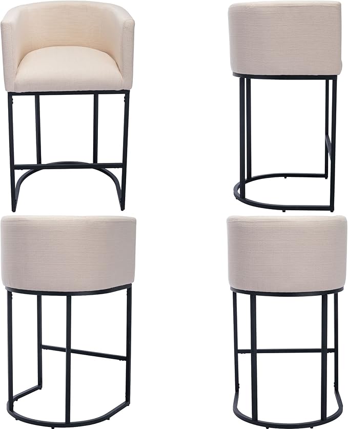 Modern Counter Height Linen Upholstered Bar Stools Set of 2, 29" Kitchen Counter Island Stools Bar Chairs with Black Metal Frame for Kitchen Island, Cream