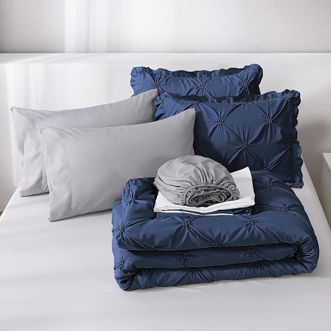JOLLYVOGUE Navy Blue/Gray Twin Size Comforter Sets 5 Pieces, Pintuck Bed in a Bag Comforter Set for Bedroom, Bedding Comforter Sets with Comforter, Sheets,Ruffled Shams & Pillowcases