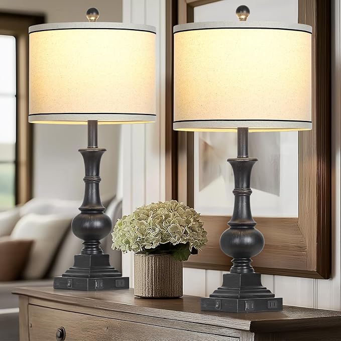 Farmhouse Lamps Set of 2, Vintage Rustic Black Table Lamps with USB A+C Fast Ports & AC Outlets, Traditional Nightstand Bedside Lamp for Living Room Bedrooms Home Office(2 LED Bulbs Included)