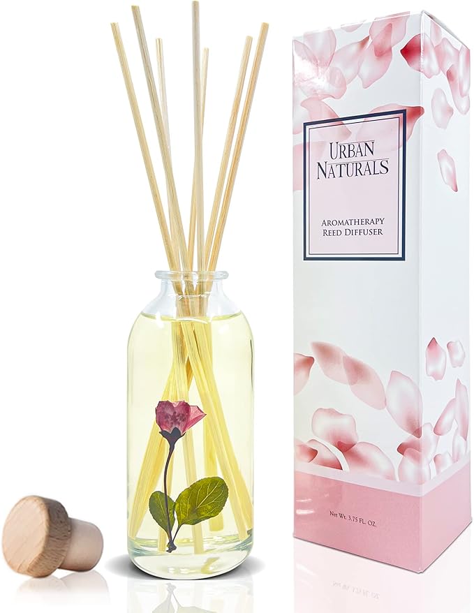 Urban Naturals Pink Amber Blush Reed Diffuser Set | Made with Essential Oils & Real Botanicals | Beautiful Florals, Luscious Fruits, Vanilla, Amber & Sandalwood | Made in The USA