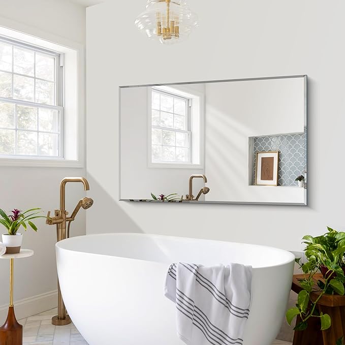 Beveled Bathroom Mirror, 30x48 Large Frameless Mirrors for Over Sink, Upgraded Shatterproof Beveled Frameless Vanity Mirror for Bedroom, Living Room and Entryway (Horizontal/Vertical)