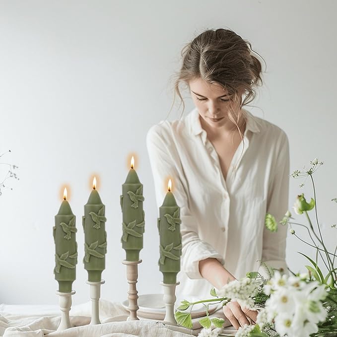 Olive Green Short Taper Candle Hummingbird CandleSticks Dripless Mini Tapered Candles for Christmas Home Decor 6 inch Set of 4