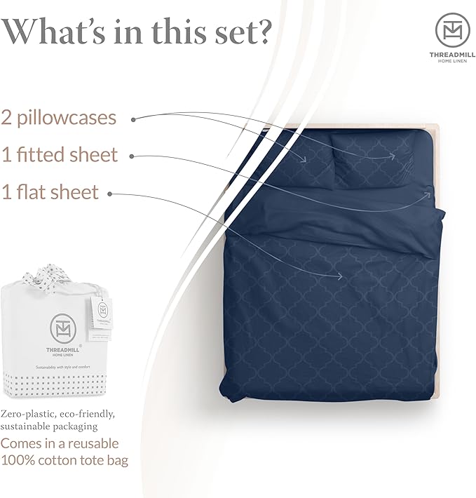 Threadmill Cotton Full Size Sheet Set | 100% Cotton Sheets for Full Size Bed | Damask Jacquard Full Bed Sheets Set with 16” Deep Pocket | Soft Sateen Weave 4-Piece Cooling Bedding Set | Folkstone Blue