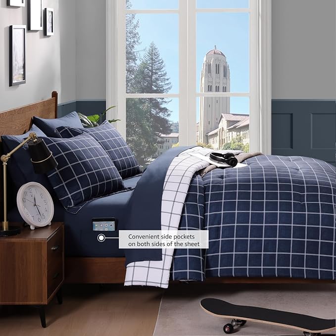 Plaid Queen Size Comforter Set Dark Blue, Reversible Checkered Bedding Set 7 Pieces for Boys Girls Teen, Lightweight All Season Bed in a Bag with Sheets, Pillowcases & Shams