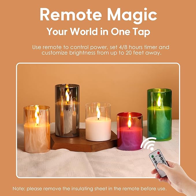 Eywamage Clear Glass Flameless Candles with Remote Timer, Flickering Battery LED Pillar Candles Set of 3