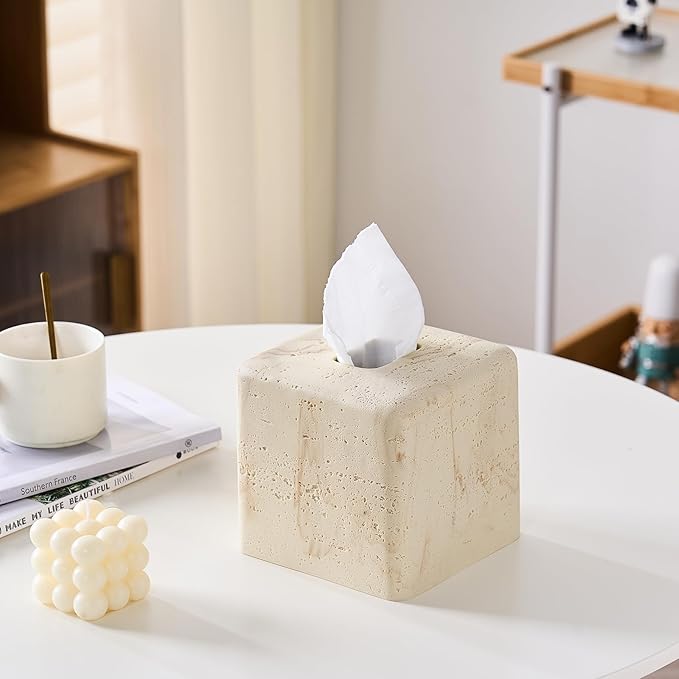 Natural Travertine Textures Tissue Box Cover Square for Home Decor,Resin Heavy Tissue Box Holder for Bathroom Countertop,Tabletop,Bedside Table,Office (Handmade of Resin)