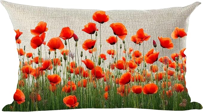 Ramirar Ink Painting Watercolor Beautiful Red Orange Poppy Flowers Decorative Lumbar Throw Pillow Cover Case Home Living Room Bed Sofa Car Cotton Linen Rectangular 12 x 20 Inches