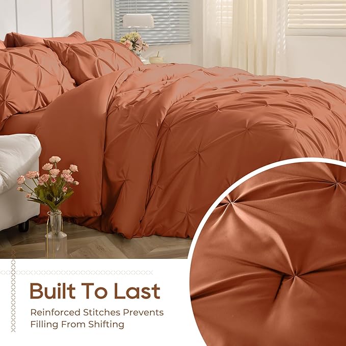 Sasttie King Size Comforter Set, 7-Piece Bed in a Bag, Pintuck Bedding Set for All Season, Includes Comforter, Flat Sheet, Fitted Sheet, Pillowcases and Pillowshams, Burnt Orange
