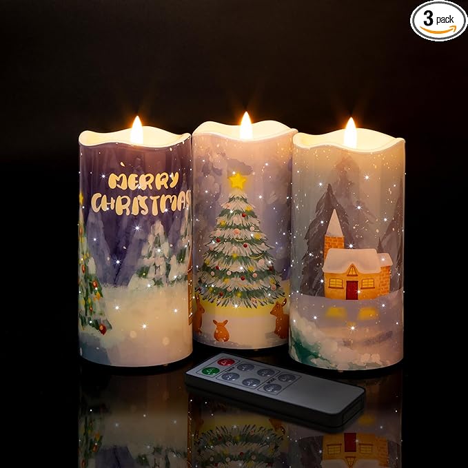 Eywamage Fiber Optic Flameless Candles with Remote, Flickering Battery Operated Christmas LED Pillar Candles Set of 3