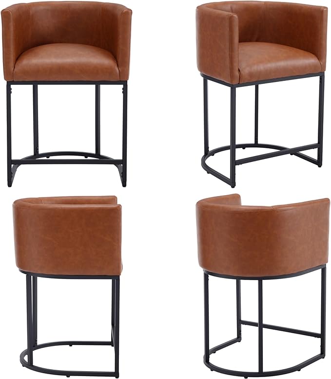 Modern Counter Height PU Leather Upholstered Bar Stool, 24" Kitchen Counter Island Stools Bar Chairs with Black Metal Frame, Brown