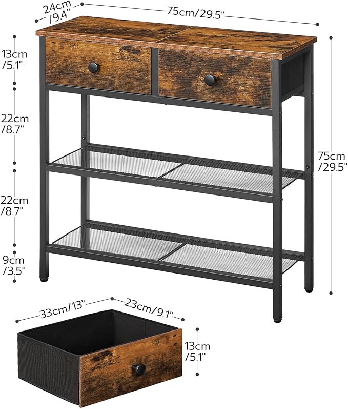 HOOBRO 29.5" Narrow Console Table with 2 Fabric Drawers, Sofa Table, Small Entryway Table with 3-Tier Storage Shelves, Behind Couch Table, for Living Room, Hallway, Rustic Brown and Black BF72XG01