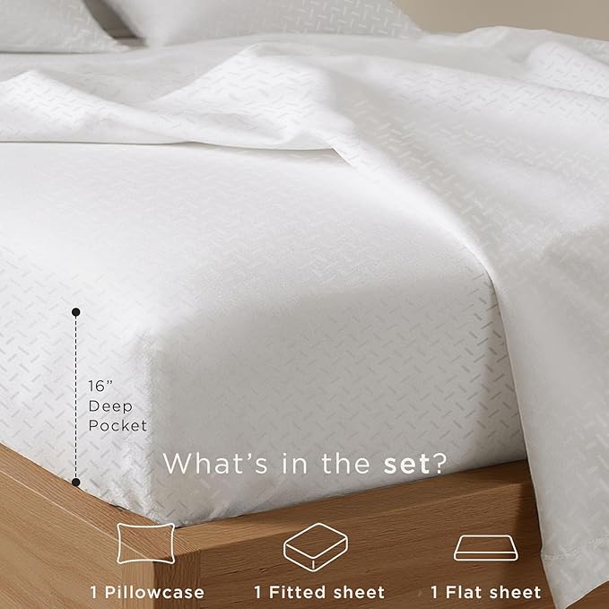 Threadmill Cotton Twin Sheet Set | 100% Cotton Sheets for Twin Size Bed | Damask Jacquard Sateen Twin Bed Sheets Set with 16” Deep Pocket | Soft Breathable 3-Piece Cooling Sheet Set | White
