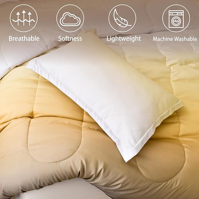 Anibedding 7 Pieces Gradient Yellow Comforter Set - Lightweight Grey and Yellow Ombre Bed in a Bag Set, All Season Down Alternative Light Grey Abstract Bedding Set for Teen Boys Girls Women (90" x90")