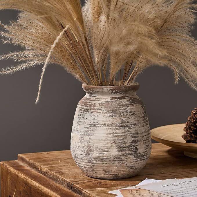 SIDUCAL Ceramic Rustic Vase, Whitewashed Terra Cotta Vase, Distressed Farmhouse Décor, Pottery Decorative Flower for Home Decor, Table, Living Room Decor, Shelf, Mantel, 7.3 Inch, Terra