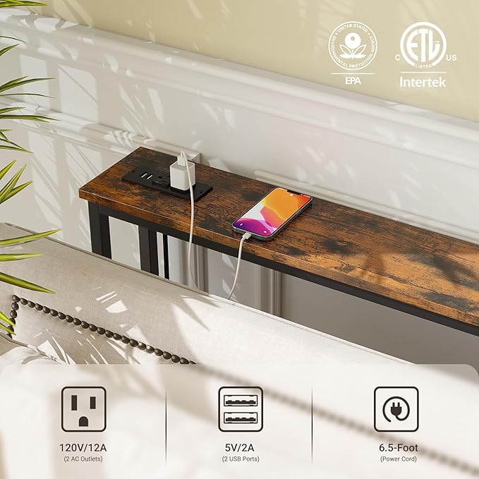 ELYKEN 5.9" Narrow Console Sofa Table with Power Outlets and USB Port, 5.9" Dx39.4 Wx31.1 H Long Behind Couch Table with Metal Frame and 6.5’ Extension Cord, Rustic Brown