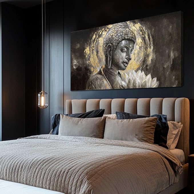MLART99 Buddha Canvas Wall Decor White Lotus Painting Wall Art Gold and Grey Picture Prints Zen Art for Dining Room Modern Artwork 24x48 Inch