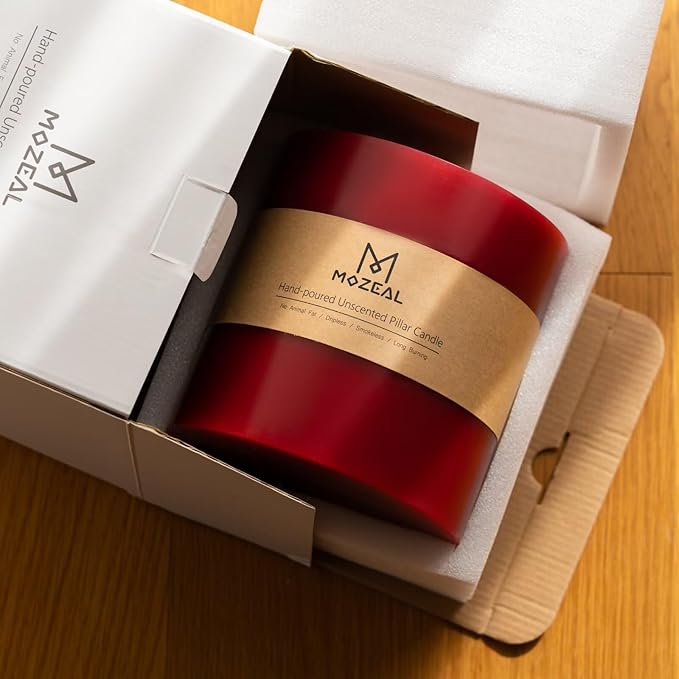 MOZEAL Extra Large 3 Wick Dark Red Pillar Candle, 6" x 6", Unscented, Dripless, Smokeless, and Clean-Burning. Approx. 80 Hours of Burn Time. Perfect for Weddings, Dinners, Christmas and Home Decor