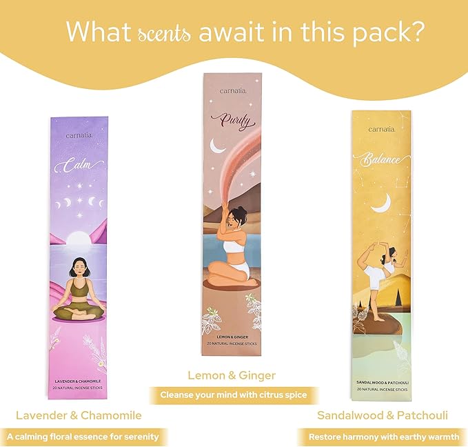Carnatia Meditation Incense Sticks – Set of 6 Calming Scents for Mindfulness, Focus & Self-Care | Purifying Aromas for Spiritual Wellness, Inner Peace & Healing Rituals!