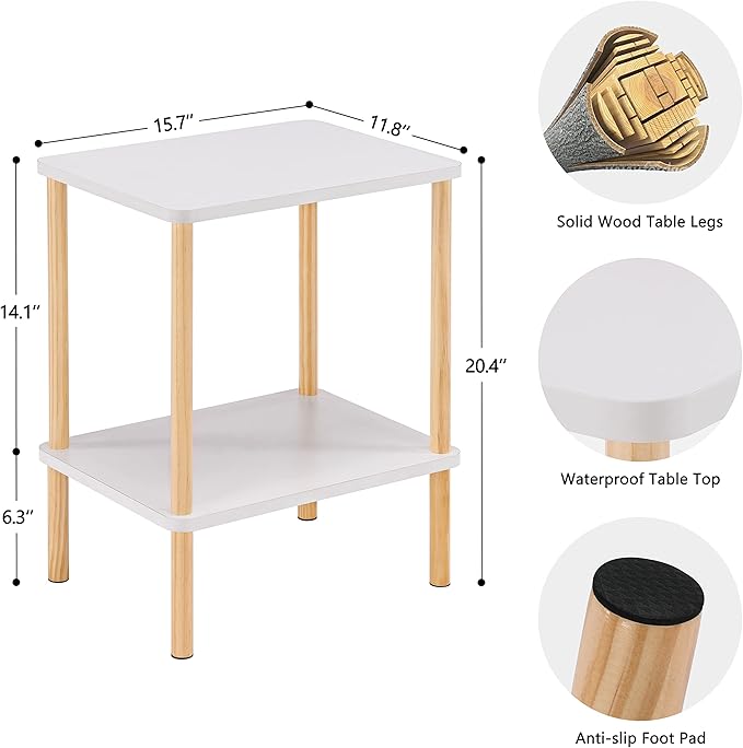 Apicizon 2 Tier End Table, Small Side Table with Solid Wood Legs, Boho Bedside Table with Storage Shelf, Nightstand for Small Spaces, Bedroom, Living Room, Entryway, Easy Assembly, White+Natural