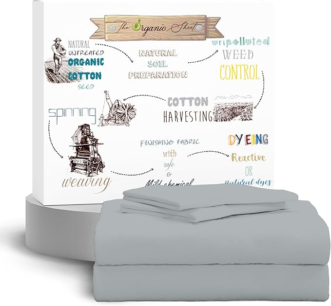 SUPREME ELEGANCE 100% Organic Cotton Percale Twin Sheet Set – Crisp & Breathable Cooling Cotton Bedding, Deep Pocket Fits up to 18″, Soft & Durable, Silver, 3-Piece Set
