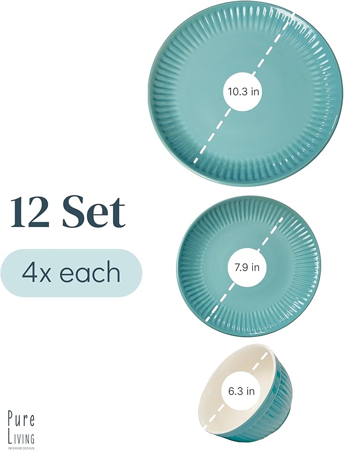 Stoneware Dinnerware Set for 4 People HYGGE 12-Piece - Elegant Scandi Design - Premium Dish Set - Bowl and Plate Set - Tableware for 4 People in a Ribbed Design - Pure Living in Green