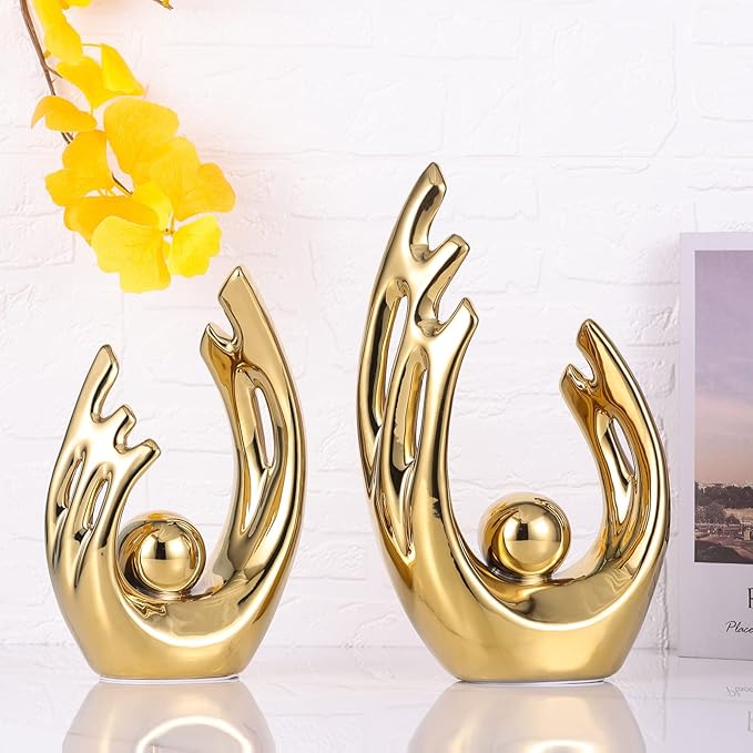 12" H Gold Aesthetic Room Decor Accent, TV Stand Funky Table Centerpiece, Abstract Art Ceramic Statue and Sculpture, Gold Decor for Living Room, Bookshelf Decorative Objects, Shelf Decor