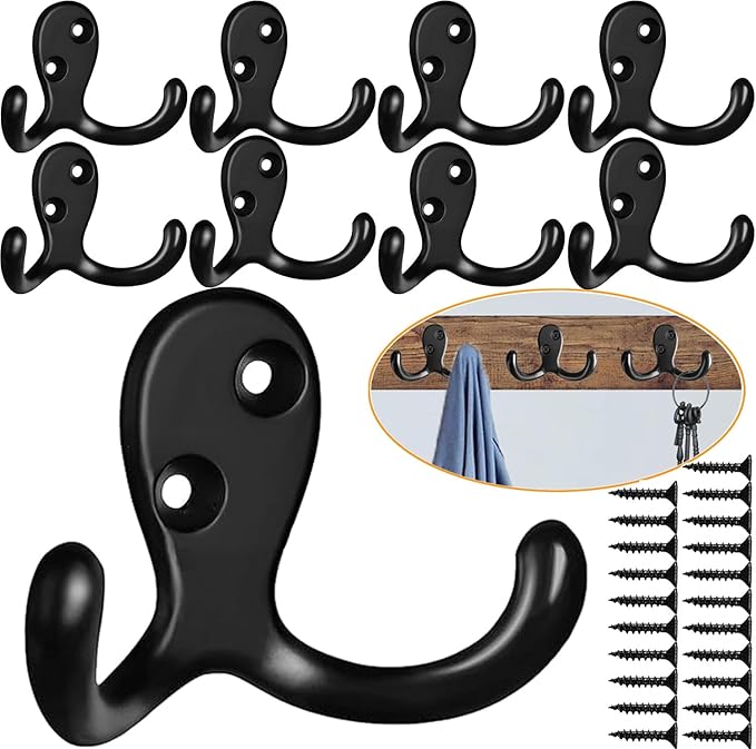 Coat Hooks Hardware, 10Pcs Wall Hooks Heavy Duty Hooks for Hanging Coats No Rust Double Robe Hook Wall Mounted for Key Towel Bags Cup Hat (Black)