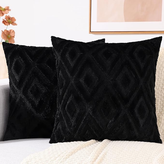 decorUhome Couch Throw Pillow Covers 26x26 Set of 2, Decorative Soft Plush Faux Wool Neutral Accent Pillow Covers for Bed Sofa Living Room, Black
