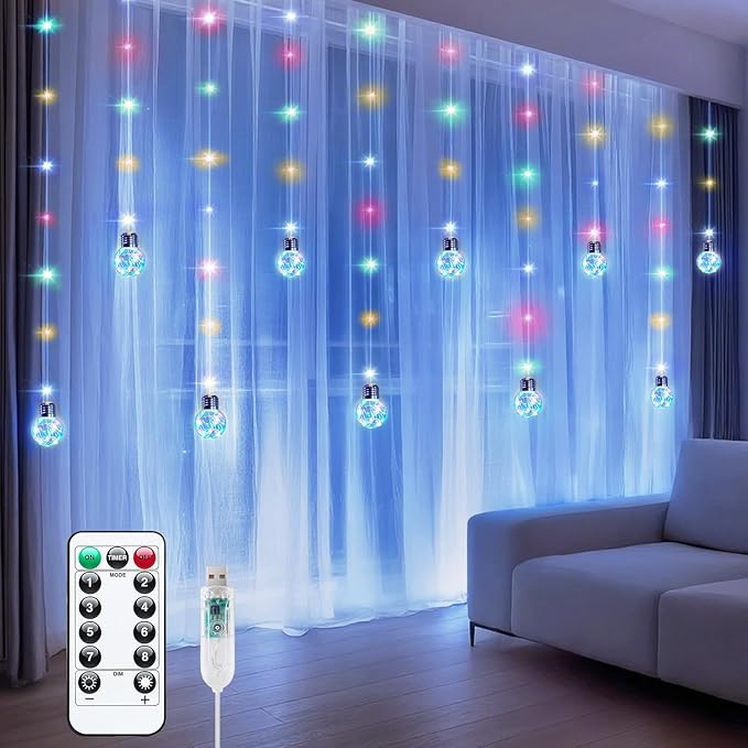 Minetom 200 LED Wishing Ball Curtain Lights - Fairy String Lights with Remote, USB Powered Waterproof for Christmas Wedding Party Bedroom Decoration, Multicolored