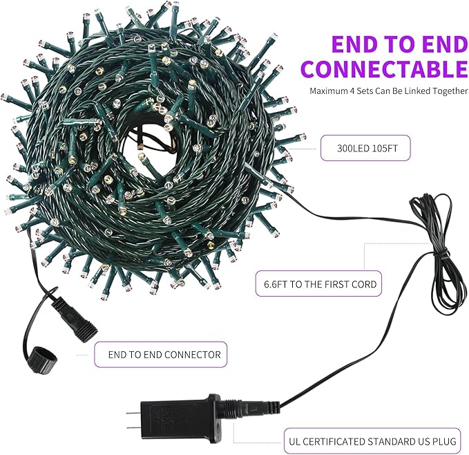 105FT 300LEDs Christmas Lights Outdoor Indoor 8 Modes for Christmas Tree Party Decoration, 100% UL Listed (Purple, 105 FT)