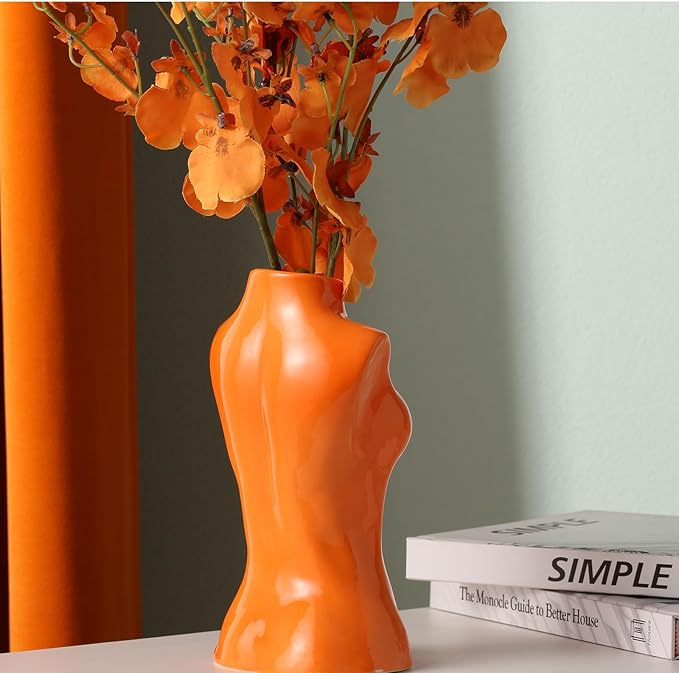 hjn Female Body Vase- Flower Vase for Decor, Orange Decor Vases,Ceramic Vase for Flowers, Modern Art Vase Woman Shape Vase for Living Room/Home Decor Accents/Bookshelf/Mantel-Orange